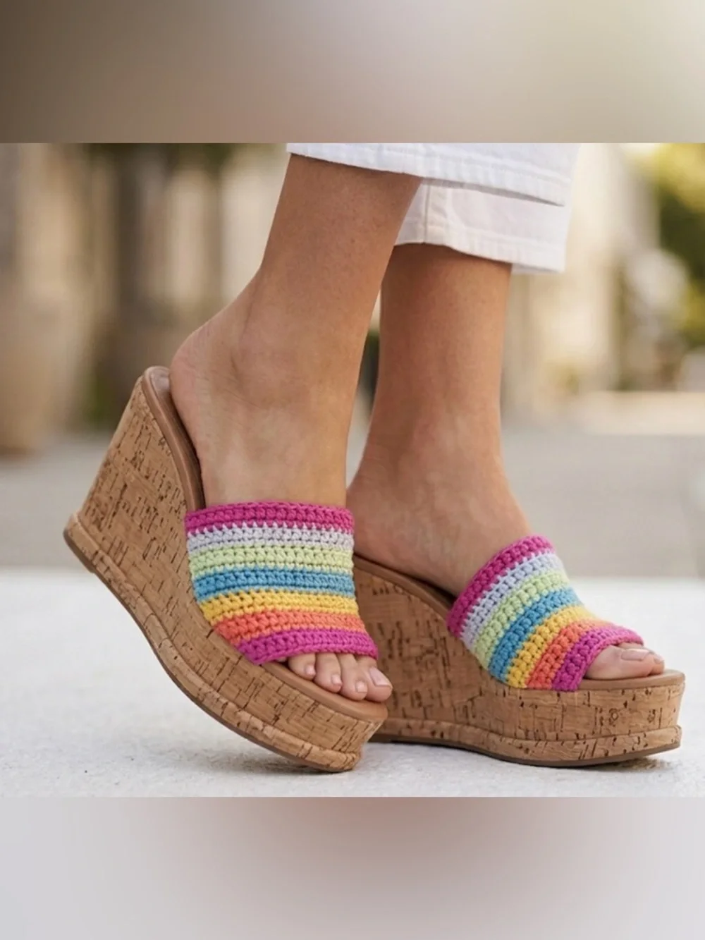 SCHUTZ Dalle Platform Cork Wedge Sandal Multicolor Crochet Strap Size 9.5